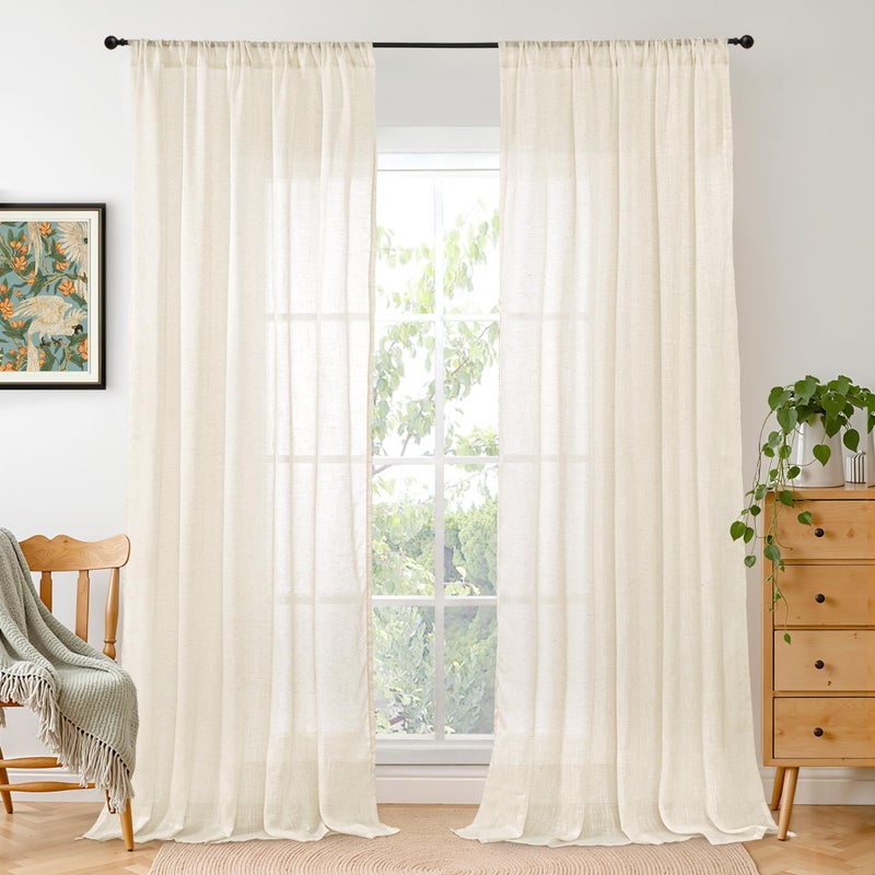 BGment Beige Linen Curtains 84 Inch Length for Living Room - Cream Semi Sheer Drapes Light Filtering with Rod Pocket for Bedroom Dining Country Lightweight, 2 Panels, Each Panel 52 Inch Wide - Image 1