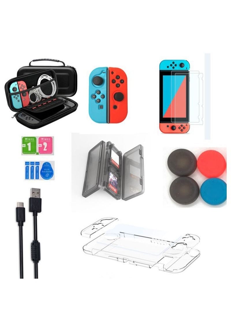 Flash Hawk 8 in 1 Carrying Case Accessories For Nintendo Switch OLED Model Include Screen Protector, Protective Cover Case, Data Cable, Kickstand, Thumb Grip Caps  - Image 1