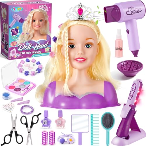 TUZT Hair Styling Doll Head Makeup Kit for Girls Toys Hair Salon Toys Real Makeup Nail Polish Kid Beauty Hair Stylist with Hairdryer Curling Iron Birthday Gift for Girl 3 4 5 6 7 8 Year Old Toy - Image 1