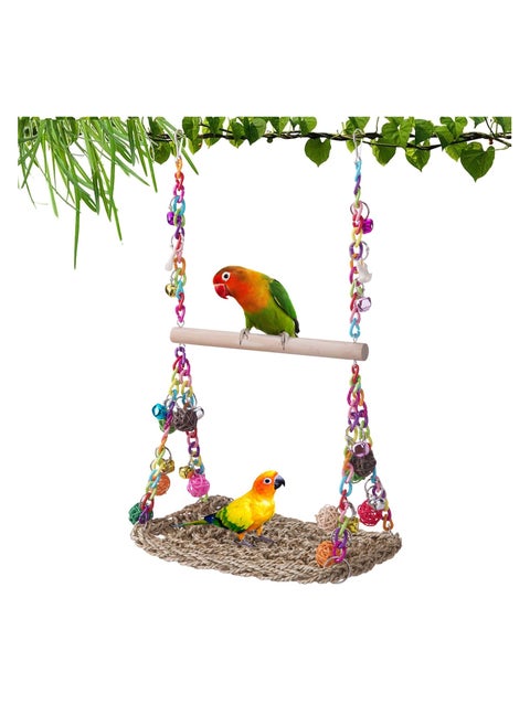 Bird Swing Toys with Wood Perch, Seagrass Woven Parrot Platform Bird Climbing Hanging Hammock Bird Perch Stand Chewing Toy