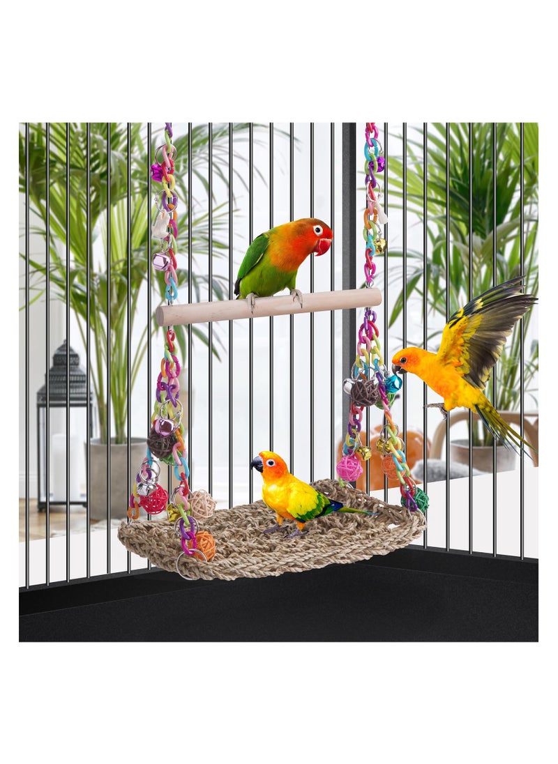 XICEN - Bird Swing Toys with Wood Perch, Seagrass Woven Parrot Platform Bird Climbing Hanging Hammock Bird Perch Stand Chewing Toy - Image 1