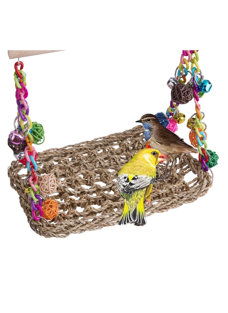 XICEN - Bird Swing Toys with Wood Perch, Seagrass Woven Parrot Platform Bird Climbing Hanging Hammock Bird Perch Stand Chewing Toy - Image 1