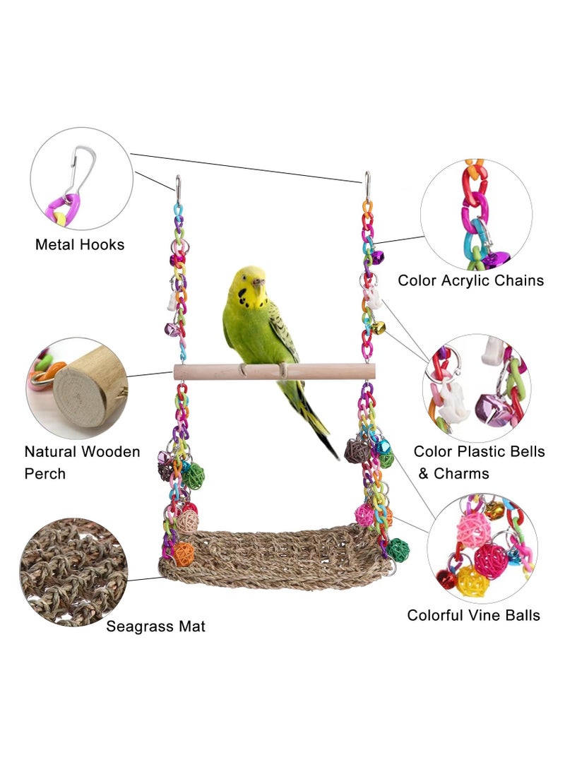 XICEN - Bird Swing Toys with Wood Perch, Seagrass Woven Parrot Platform Bird Climbing Hanging Hammock Bird Perch Stand Chewing Toy - Image 1