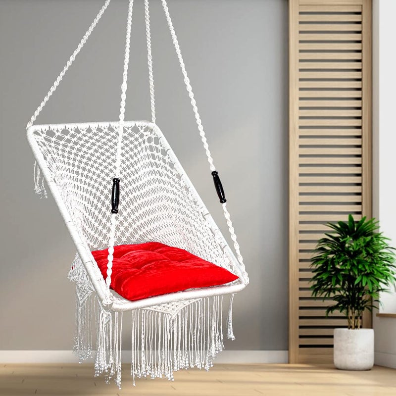 SWINGZY Premium Small RectangleShape Single Seater Wooden Swing Chair with 1 Red Cushion Hanging Kit for Home Indoor Outdoor Patio Balcony Garden Hanging Hammock Chair for Adults White