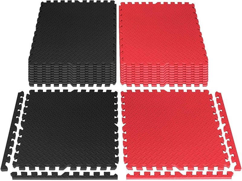 GSQUARE Fitness Puzzle Mat, Gym Floor Mat, Exercise Mat, EVA Foam Interlocking Tiles, Protective Flooring for Gym Equipment and Workouts, 12mm Extra Thick (4pcs, 16 SqFt, Red - Black) - Image 1