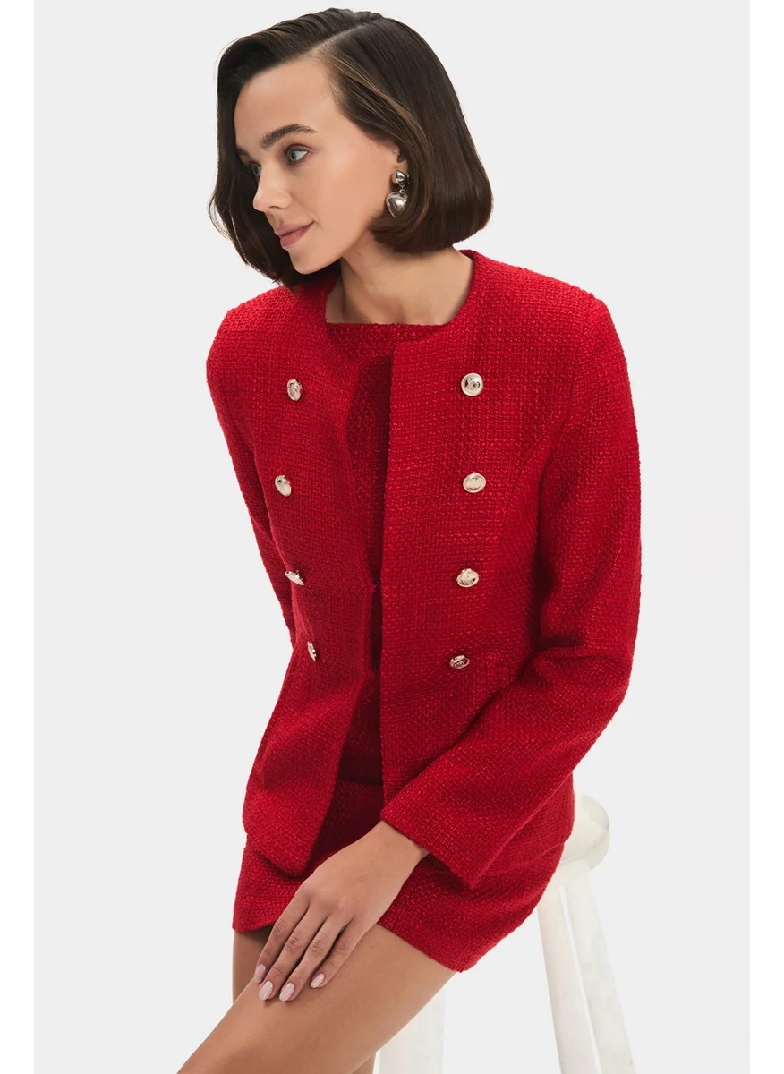 جون Women's Cotton Blend Button Detailed Tweed Jacket