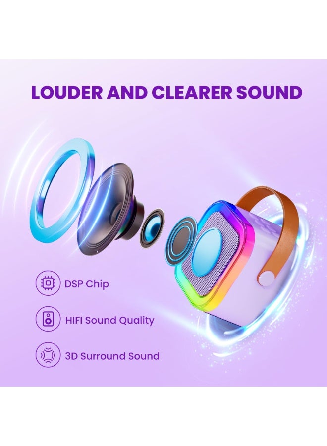 Mini Karaoke Machine for Kids, Portable Bluetooth Karaoke Speaker with 2 Wireless Mics and led Colorful Lights for Kids Adults, Gifts Toys for Girls Boys Family Home Party(Purple) - Image 4