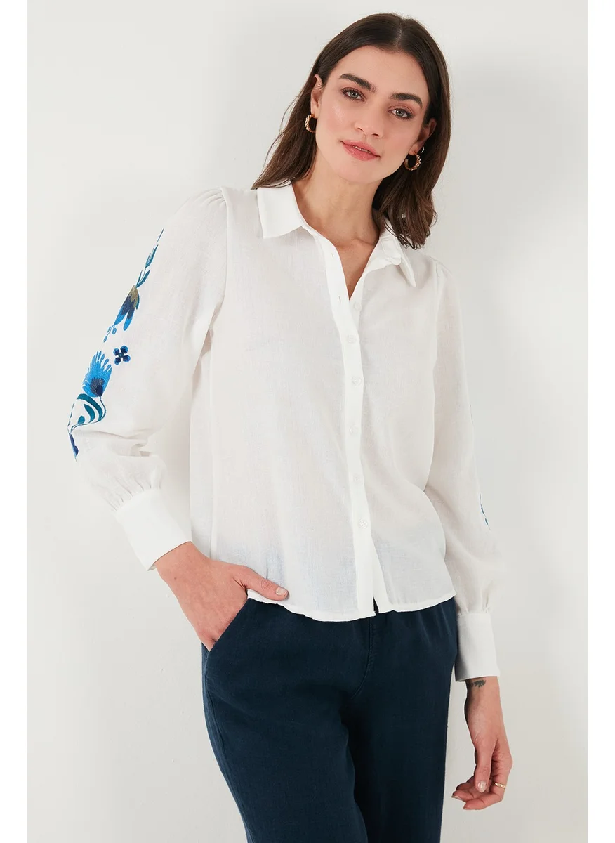 Lela Cotton Balloon Sleeve Regular Fit Floral Embroidered Shirt Women's Shirt 611GO003