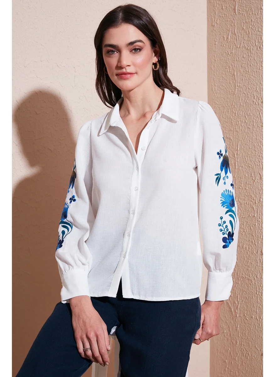Lela Cotton Balloon Sleeve Regular Fit Floral Embroidered Shirt Women's Shirt 611GO003