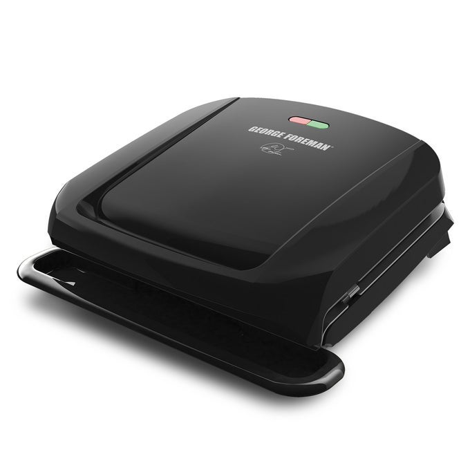 4SERVING REMOVABLE PLATE ELECTRIC GRILL AND PANINI PRESS GEORGE TOUGH NONSTICK COATING DRIP TRAY CATCHES GREASE BLACK