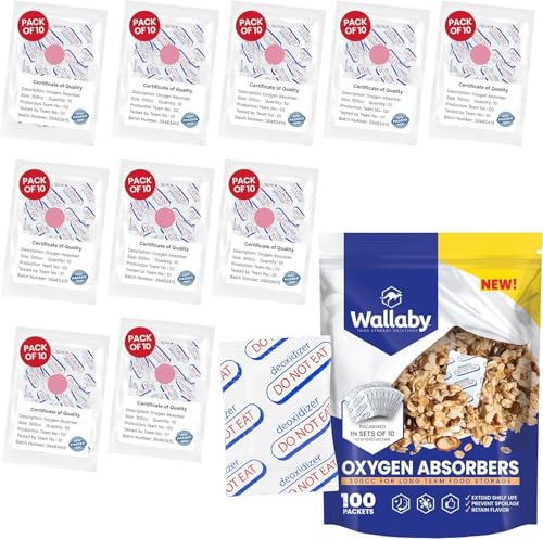 Wallaby Wallaby 300cc Oxygen Absorbers  100 Count 10x Packs of 10 with Indicator  for Long Term Food Storage Mylar Bags Canning Harvest Right Freeze Dryer Dehydrated  Preserved Foods  FDA Food Safe