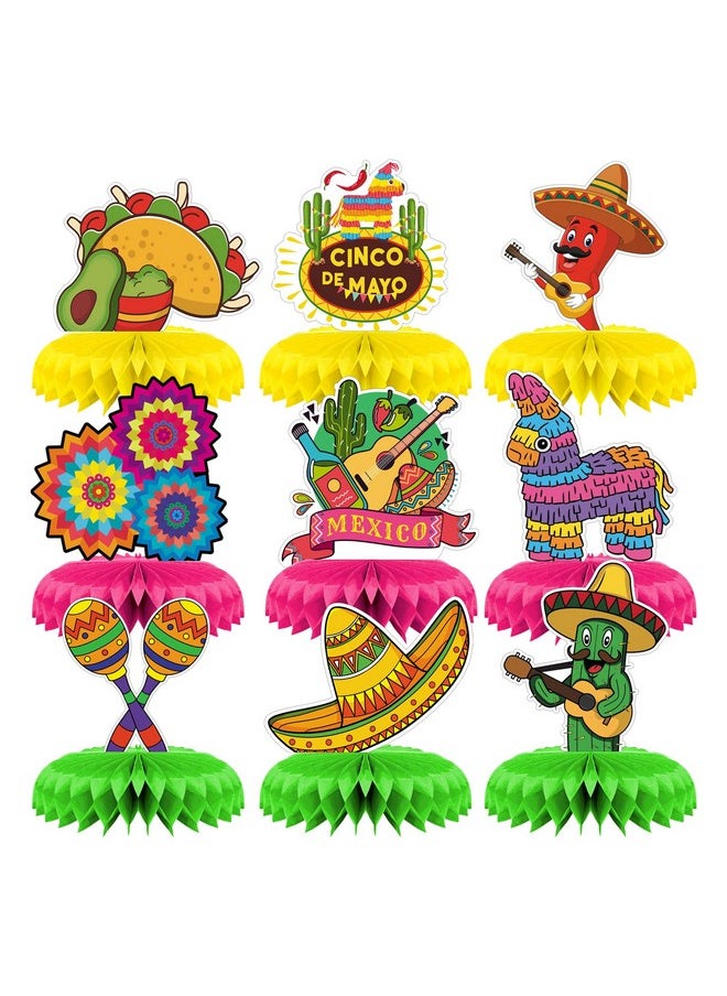 Qpout 9 Pieces Mexican Fiesta Honeycomb Table Centerpiece Colorful Hanging Paper Fans Cinco De Mayo Table Party Decorations Mexican Theme Centerpiece Day Of The Dead Decor Supplies  - Image 1