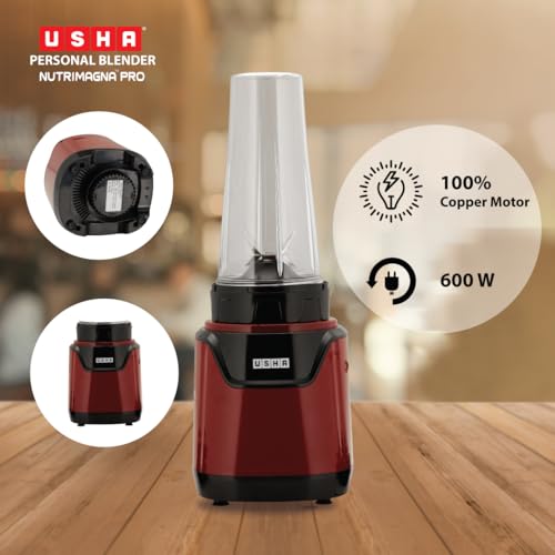 USHA Blender Nutrimagna Pro | 600W |On the Go Blender| Stainless steel blades| Spill proof spout and store lid | 2 blade assembly | Maroon - Image 4