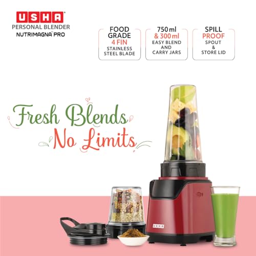 USHA Blender Nutrimagna Pro | 600W |On the Go Blender| Stainless steel blades| Spill proof spout and store lid | 2 blade assembly | Maroon - Image 2