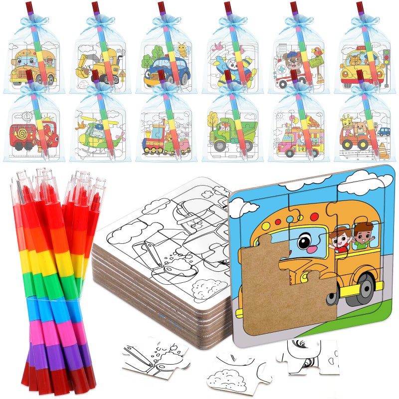 Fullhawl 12 Sets Transportation Puzzles Traffic Theme Color Your Own Puzzles DIY Construction Jigsaw Craft with 12 Stackable Crayons and 12 Bags for Construction Gifts Birthday Party Supplies12 Car - Image 3