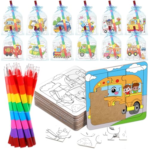 Fullhawl 12 Sets Transportation Puzzles Traffic Theme Color Your Own Puzzles DIY Construction Jigsaw Craft with 12 Stackable Crayons and 12 Bags for Construction Gifts Birthday Party Supplies12 Car - Image 1
