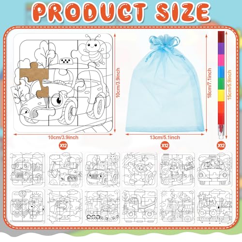 Fullhawl 12 Sets Transportation Puzzles Traffic Theme Color Your Own Puzzles DIY Construction Jigsaw Craft with 12 Stackable Crayons and 12 Bags for Construction Gifts Birthday Party Supplies12 Car - Image 5