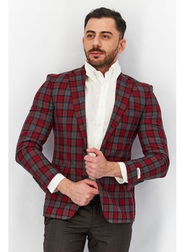 Bar III Men Notch Collar Long Sleeve Plaid Blazer, Red  - Image 1