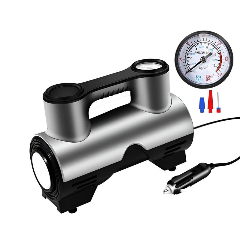 POWERFUL AIR INFLATOR - Keep your car and motorcycle tires inflated with this easy to use portable pump, equipped with 150 PSI pressure gauge and 3 m cord.