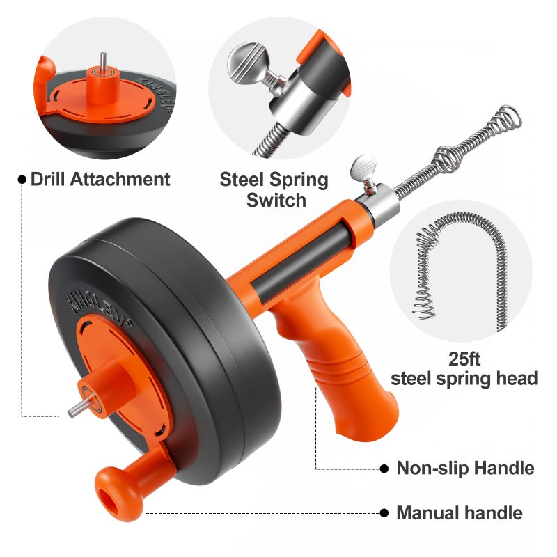 KINGLEV Drain Snake, 25ft Flexible Steel Drain Auger With Drill Adapter, Plumbing Unblocking Hand Auger, Manual Or Powered for Shower & Bathtub Clogs-No auto retract or feed (Orange) - Image 2