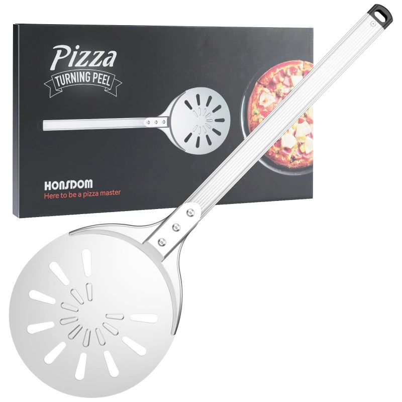 Honsdom Pizza Turning Peel, 8-inch Pizza Peel Turner Spinner, Long Handle Perforated Aluminum Pizza Peel with Silicone Hook, Pizza Oven Accessories - Image 1