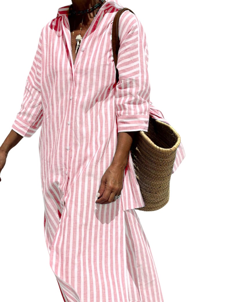 Hooever Shirt Dresses for Women Casual Long Sleeve Button Down Loose Striped Cotton Maxi Shirt Dress(Pink-M) - Image 1