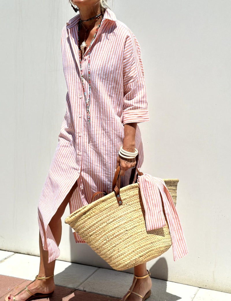 Hooever Shirt Dresses for Women Casual Long Sleeve Button Down Loose Striped Cotton Maxi Shirt Dress(Pink-M) - Image 2