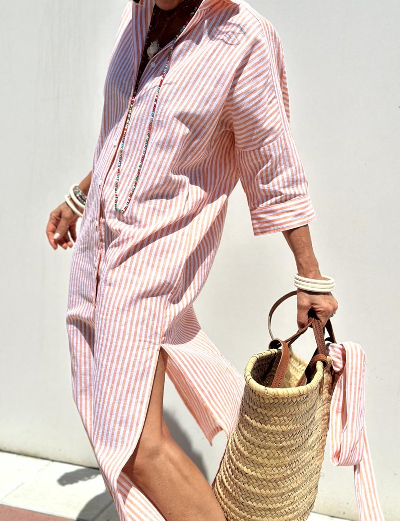Hooever Shirt Dresses for Women Casual Long Sleeve Button Down Loose Striped Cotton Maxi Shirt Dress(Pink-M) - Image 3