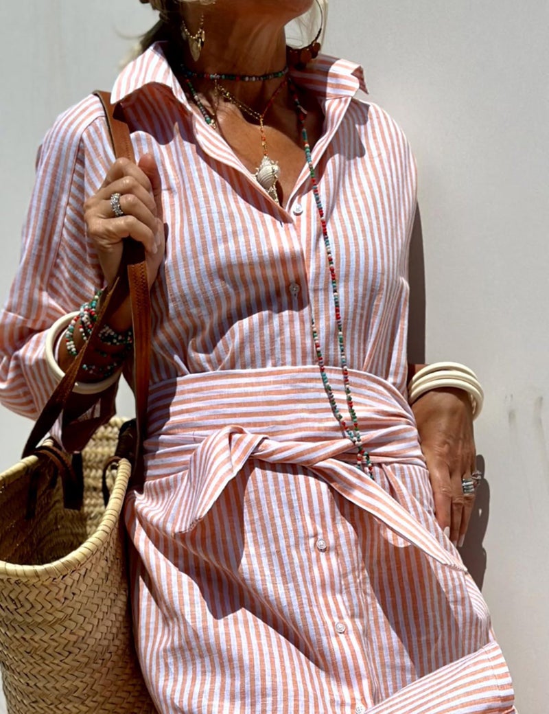 Hooever Shirt Dresses for Women Casual Long Sleeve Button Down Loose Striped Cotton Maxi Shirt Dress(Pink-M) - Image 4