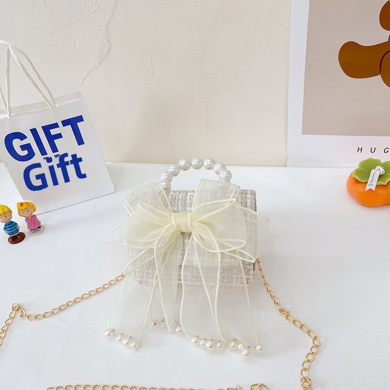 Kids Fashion Crossbody Bag Cute Mini Purse 2022 Mesh Bow Horizontal Rice White