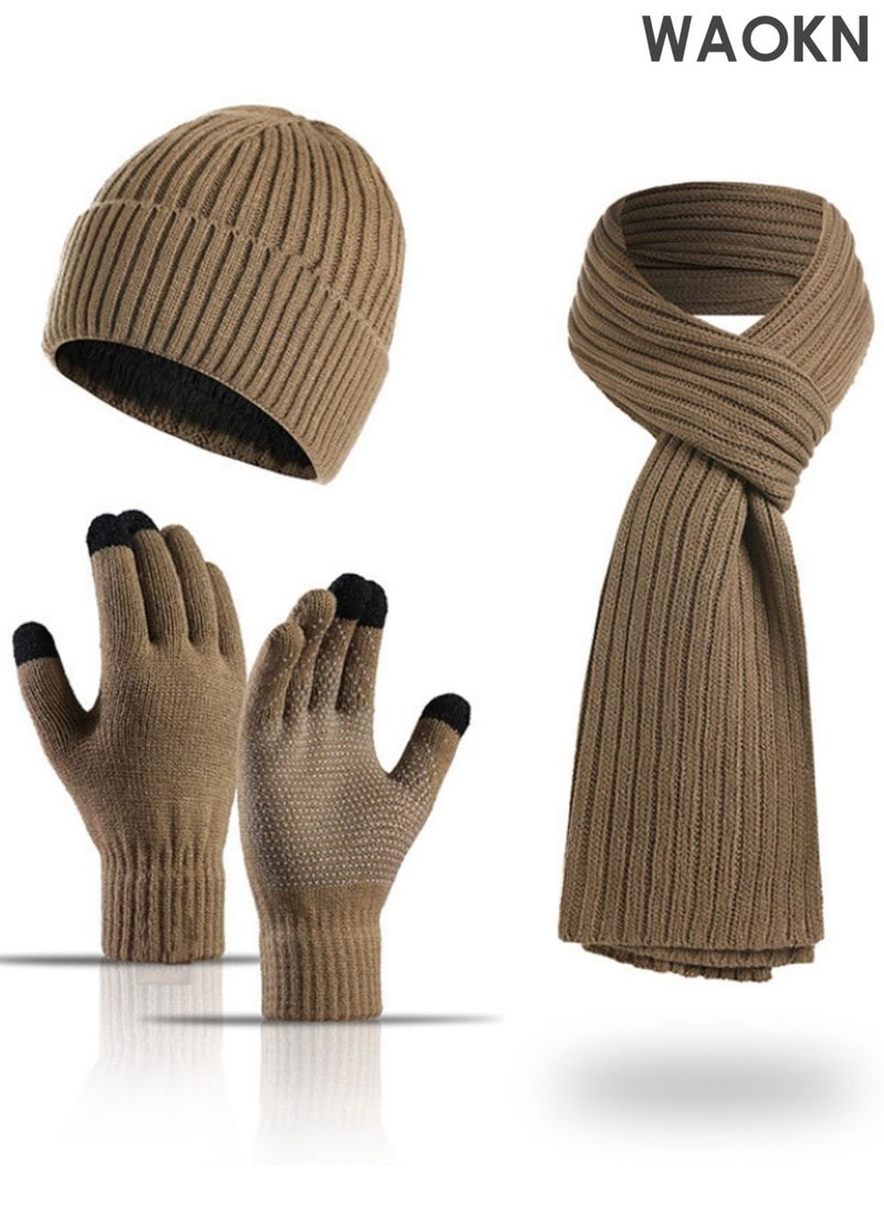 WAOKN 3Pcs Winter Beanie Hat Scarf Gloves Set for Men and Women , Ski Cap Touch Screen Mittens Suit Couples Matching Hats for Men and Women , Soft and comfortable, thick velvet gloves, hat, scarf three piece set , khaki . - Image 1