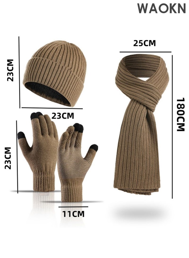 WAOKN 3Pcs Winter Beanie Hat Scarf Gloves Set for Men and Women , Ski Cap Touch Screen Mittens Suit Couples Matching Hats for Men and Women , Soft and comfortable, thick velvet gloves, hat, scarf three piece set , khaki . - Image 5