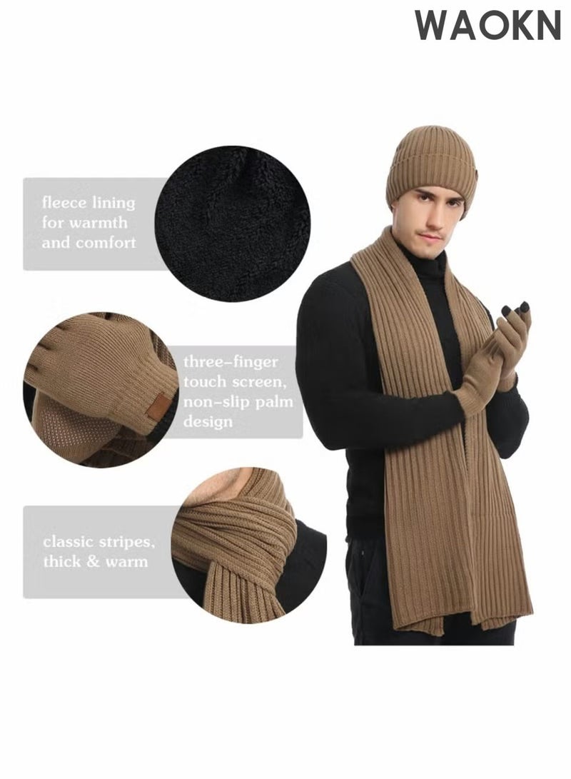 WAOKN 3Pcs Winter Beanie Hat Scarf Gloves Set for Men and Women , Ski Cap Touch Screen Mittens Suit Couples Matching Hats for Men and Women , Soft and comfortable, thick velvet gloves, hat, scarf three piece set , khaki . - Image 4