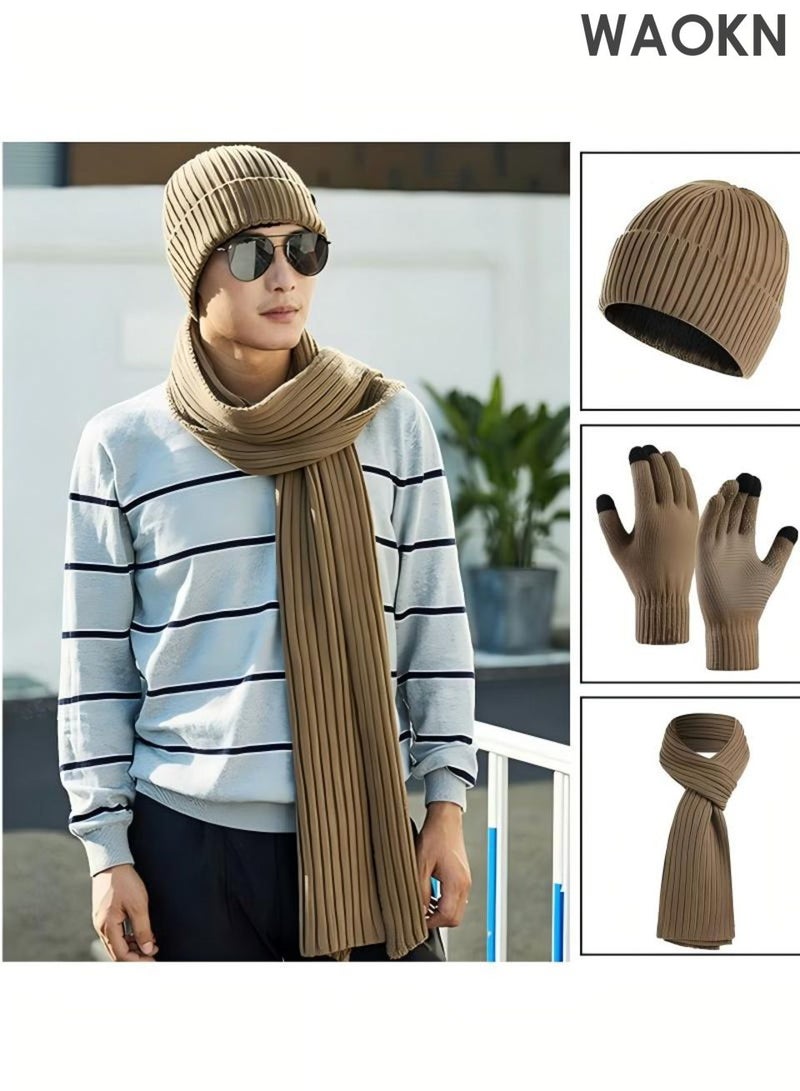 WAOKN 3Pcs Winter Beanie Hat Scarf Gloves Set for Men and Women , Ski Cap Touch Screen Mittens Suit Couples Matching Hats for Men and Women , Soft and comfortable, thick velvet gloves, hat, scarf three piece set , khaki . - Image 2