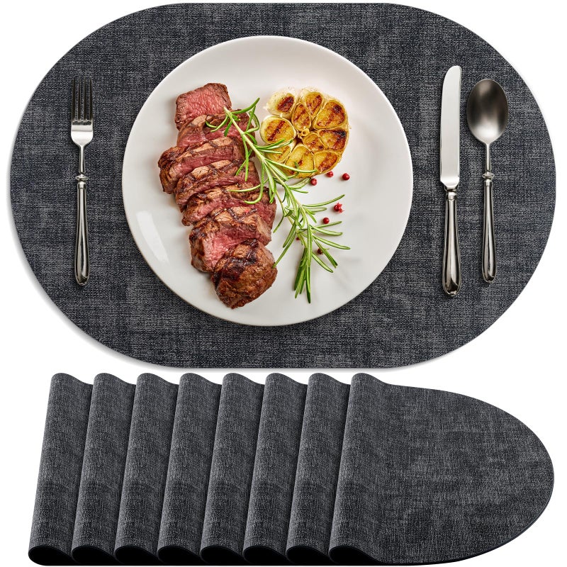 BARTHKIT Placemats Set of 8 Non-Slip, Heat Resistant Oval Leather Place mats Double Layer, Waterproof Table Mats Easy to Clean for Kitchen Dining Room Coffee Office Table, Charcoal - Image 1