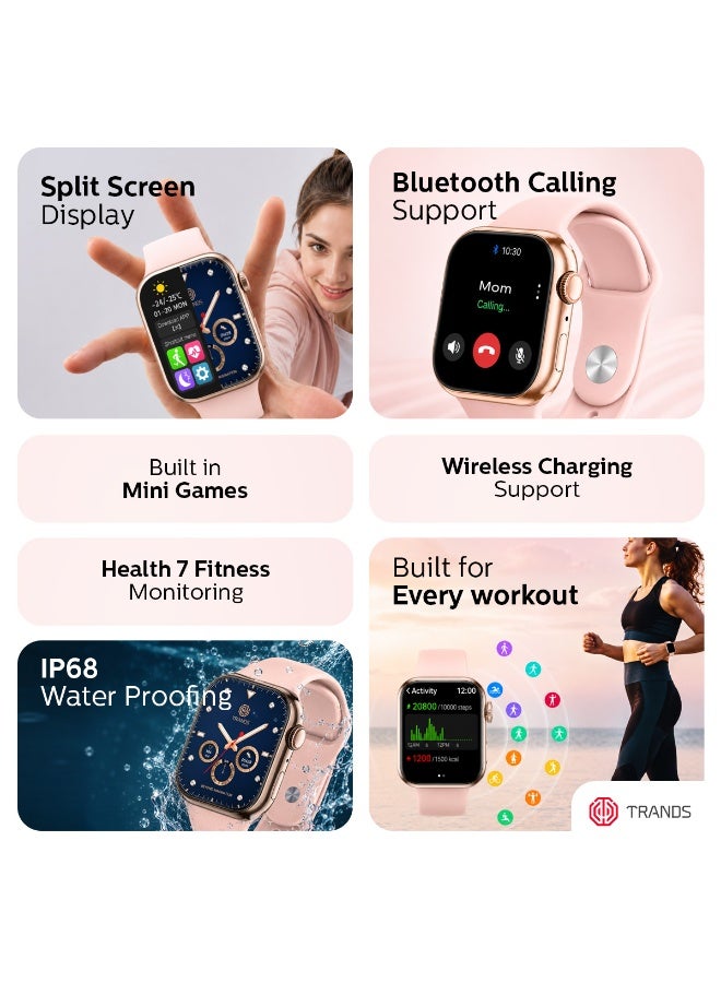 تراندز ساعة SW50 الذكية لأنظمة iOS وAndroid، شاشة لمس TFT مقاس 1.75 بوصة، مكالمات بلوتوث، مقاومة للماء بمعيار IP68، متتبع لياقة بدنية مع مراقبة معدل ضربات القلب والنوم، لون وردي - Image 2