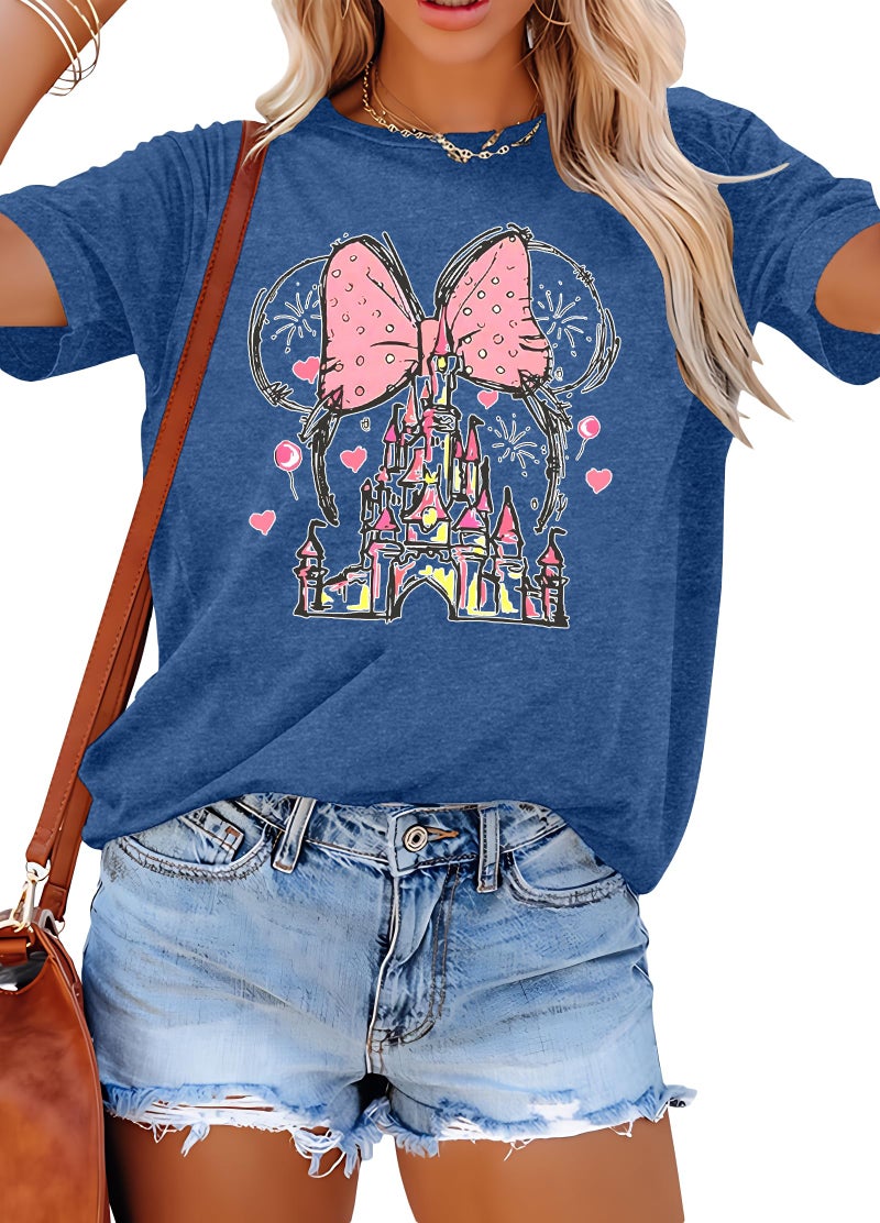 TAOHONG Women Magic Kingdom Shirt Castle Graphic Shirts Casual Family Vacation Holiday T Shirt Cute Short Sleeve Tee Top Dark Blue - Image 1
