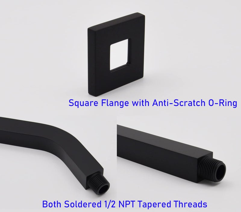 Aquaiaw Square Shower Arm and Anti-Scratch O-Ring Flange, Solid Brass, 8 inch, Both Soldered 1/2-14 NPT Tapered Threads, Wall Mount Shower Head Extension Arm (Matte Black) - Image 3