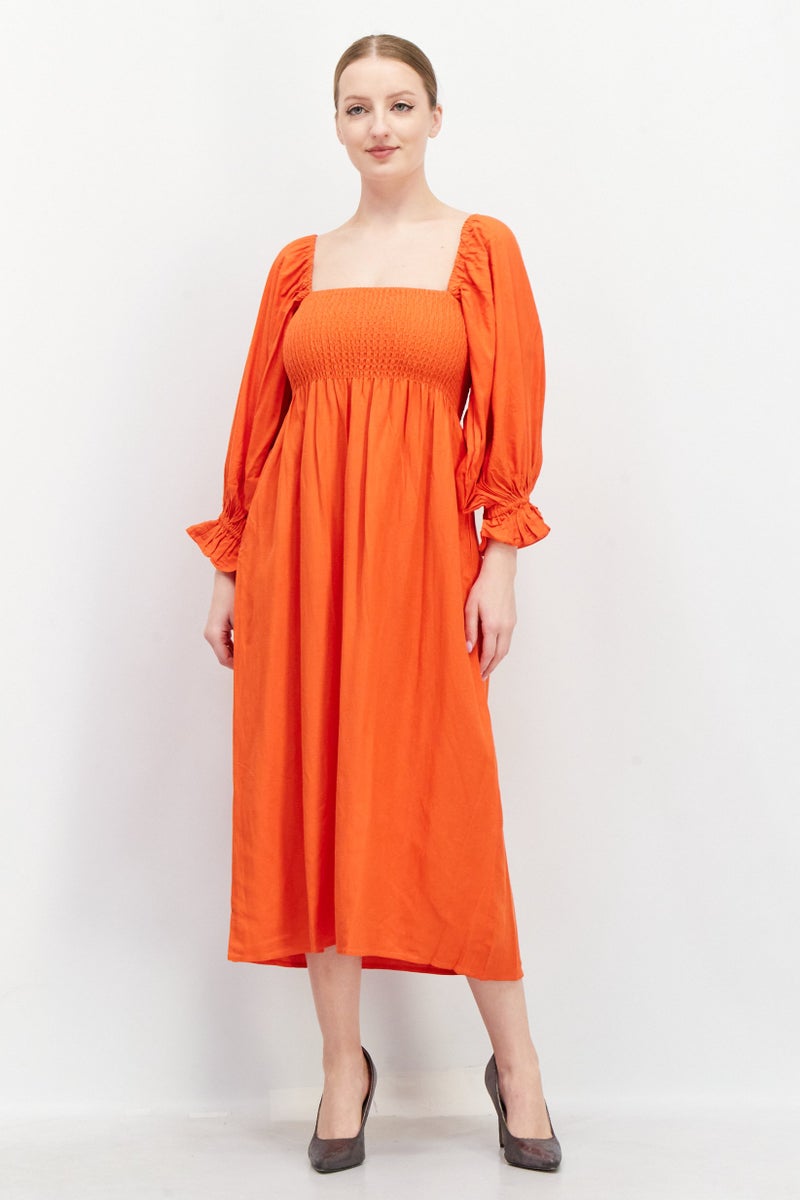 O P T Women Plain Midi Dress, Orange - Image 1