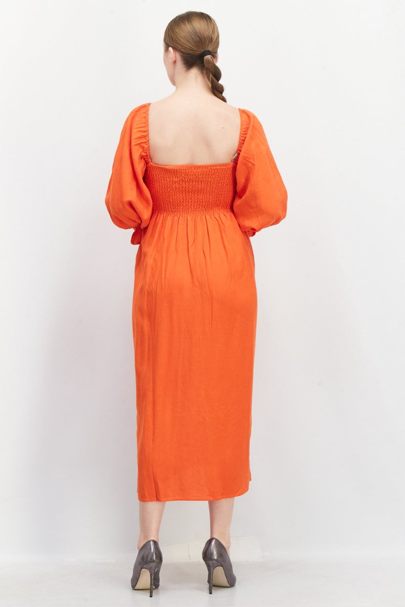 O P T Women Plain Midi Dress, Orange - Image 2