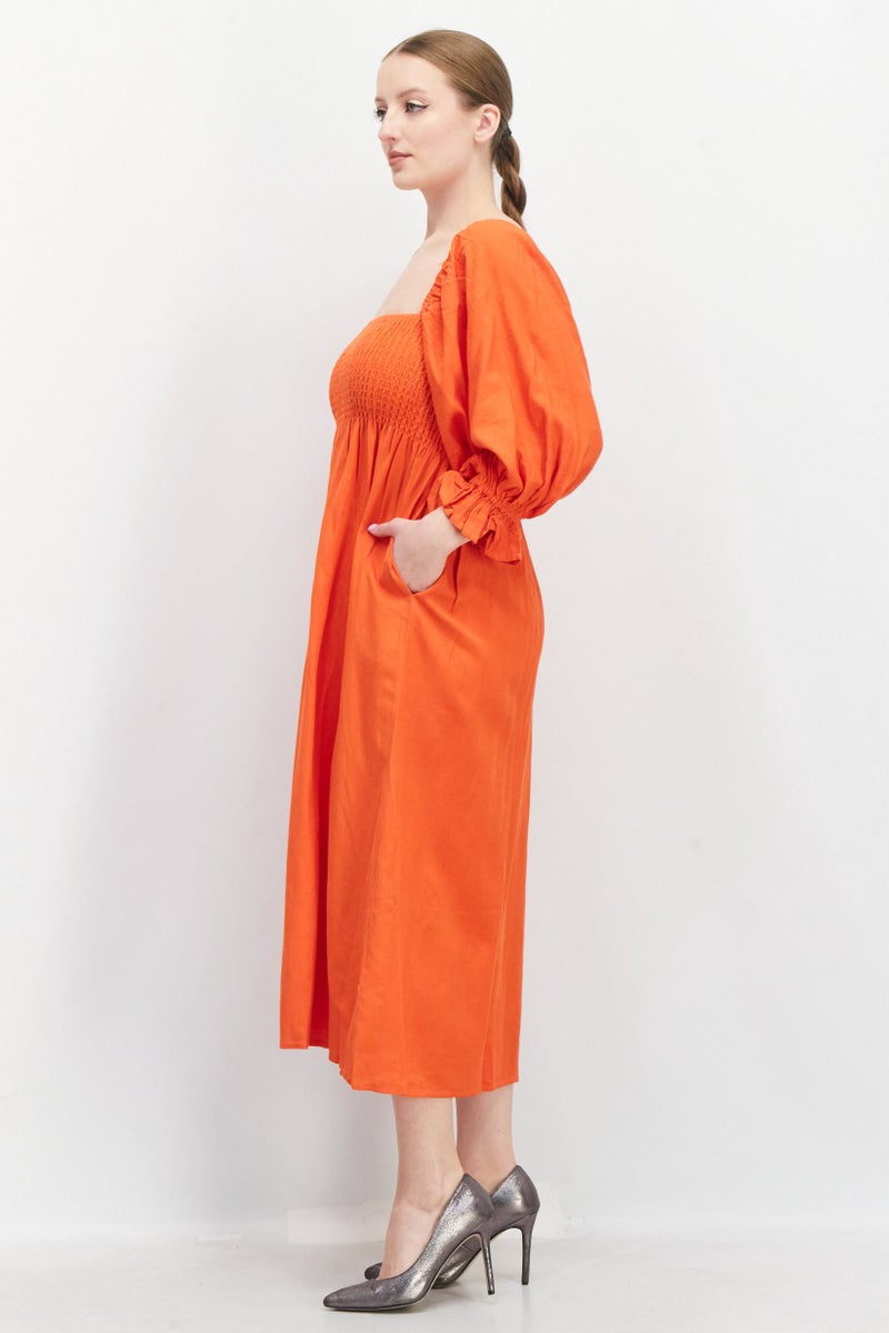 O P T Women Plain Midi Dress, Orange - Image 3