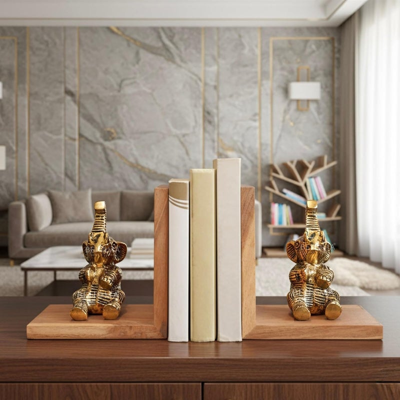BEHOMA Elephant Bookends Set for Shelves | Premium Wooden Base with Aluminium Elephant Figurines | Heavy Book Stoppers for Kids Room, Living Room & Office | Decorative Book End Set - Image 2