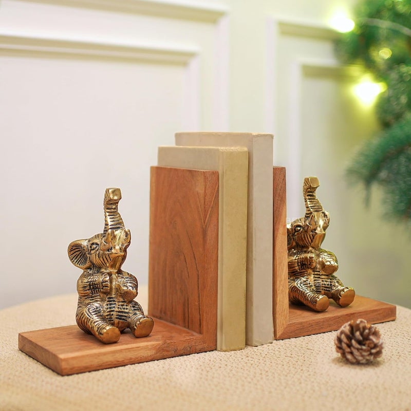 BEHOMA Elephant Bookends Set for Shelves | Premium Wooden Base with Aluminium Elephant Figurines | Heavy Book Stoppers for Kids Room, Living Room & Office | Decorative Book End Set - Image 1
