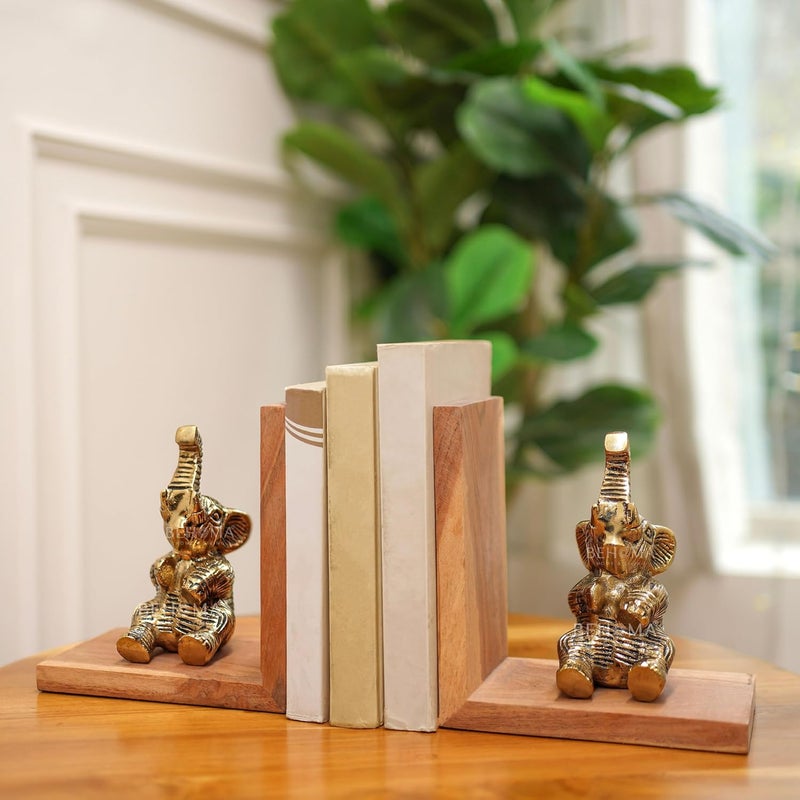 BEHOMA Elephant Bookends Set for Shelves | Premium Wooden Base with Aluminium Elephant Figurines | Heavy Book Stoppers for Kids Room, Living Room & Office | Decorative Book End Set - Image 3