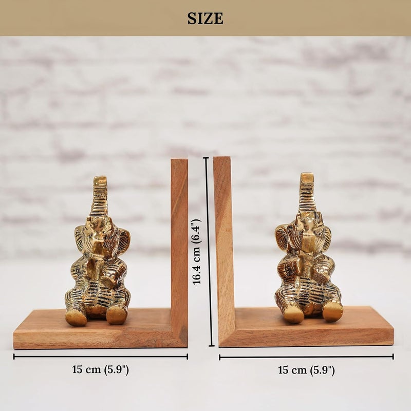 BEHOMA Elephant Bookends Set for Shelves | Premium Wooden Base with Aluminium Elephant Figurines | Heavy Book Stoppers for Kids Room, Living Room & Office | Decorative Book End Set - Image 5