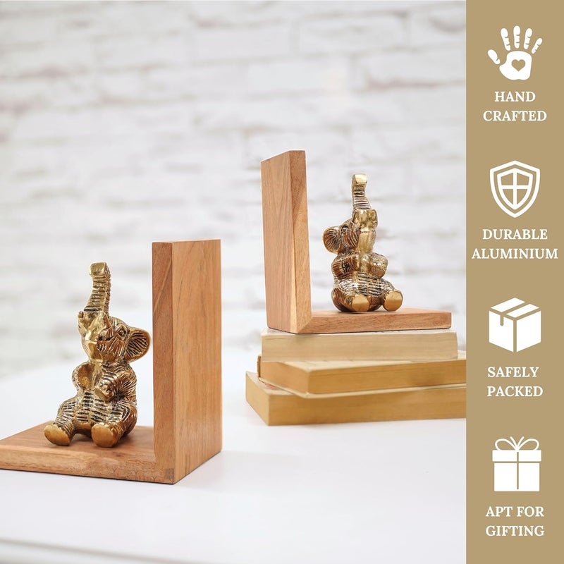 BEHOMA Elephant Bookends Set for Shelves | Premium Wooden Base with Aluminium Elephant Figurines | Heavy Book Stoppers for Kids Room, Living Room & Office | Decorative Book End Set - Image 4