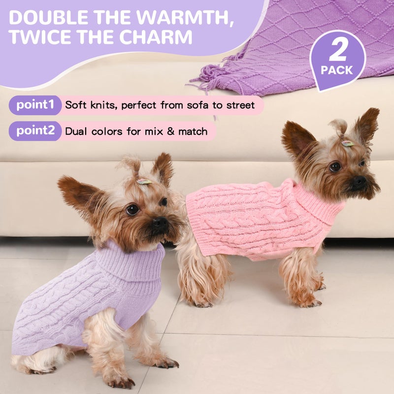 Lorehelina 2 Pack Dog Sweaters for Small Dogs Winter Turtleneck Pullover Cable Knit Fleece Stretch Puppy Doggie Chihuahua Toy Poodle Yorkie Pomeranian Boy Girl Pet Clothes (XS, Pink & Purple) - Image 2