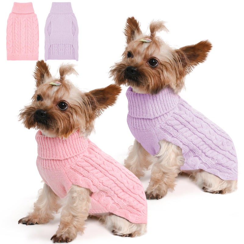 Lorehelina 2 Pack Dog Sweaters for Small Dogs Winter Turtleneck Pullover Cable Knit Fleece Stretch Puppy Doggie Chihuahua Toy Poodle Yorkie Pomeranian Boy Girl Pet Clothes (XS, Pink & Purple) - Image 1