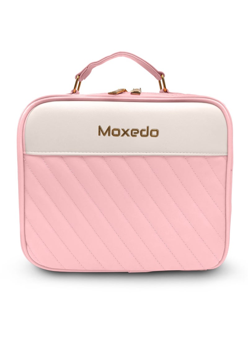 Moxedo حقيبة مكياج محمولة 2 في 1 من موكسييدو مع مرآة مضاءة LED مدمجة 3 درجات سطوع منظم مكياج مع فاصل قابل للتعديل لحفظ مستحضرات التجميل (وردي) - Image 1