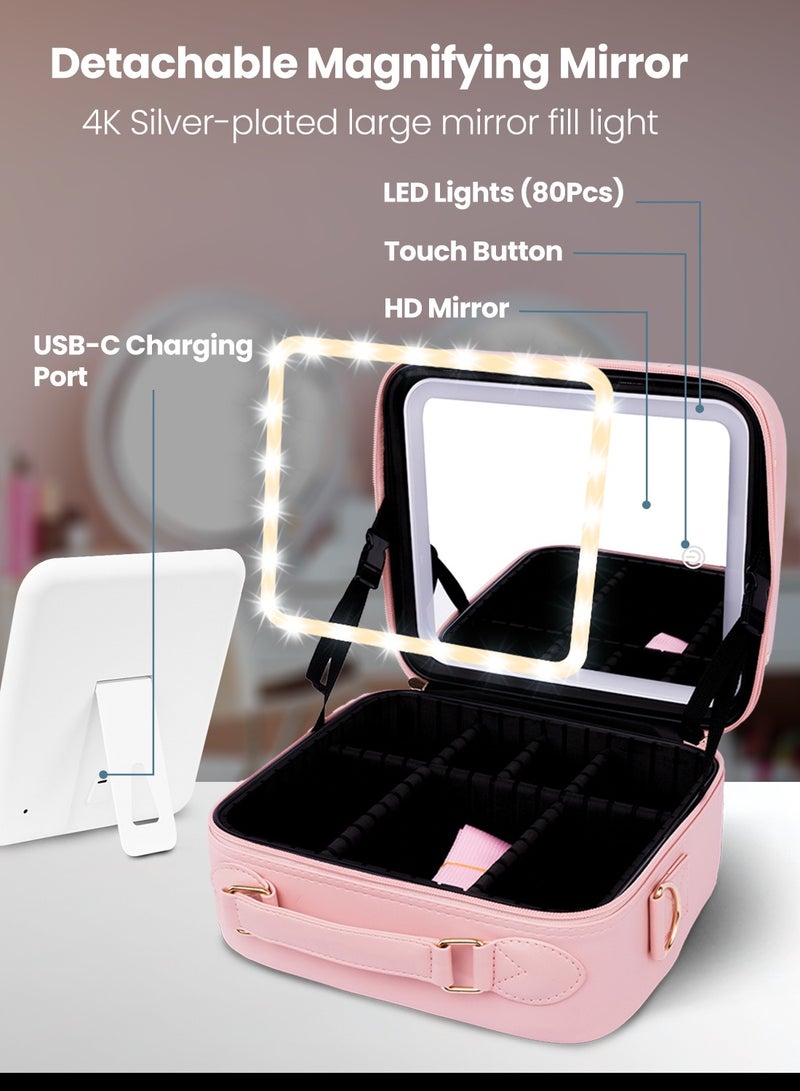 Moxedo حقيبة مكياج محمولة 2 في 1 من موكسييدو مع مرآة مضاءة LED مدمجة 3 درجات سطوع منظم مكياج مع فاصل قابل للتعديل لحفظ مستحضرات التجميل (وردي) - Image 2